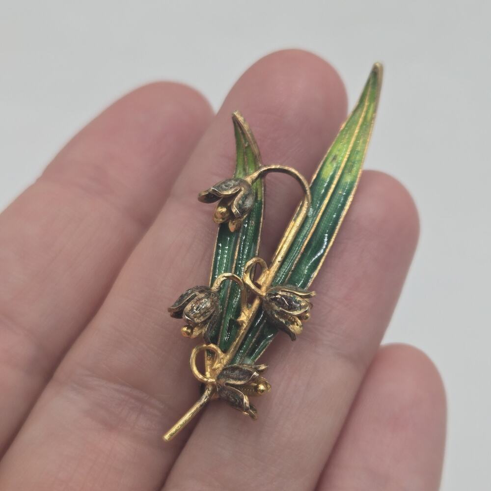 Vintage Plique A Jour Green Enameled Lily of the Valley 1940's Brooch 900 Silver